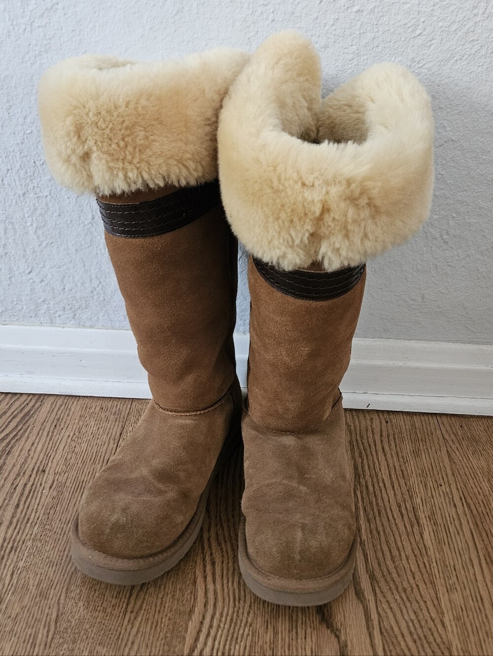 UGG Genevieve Extra Tall Suede Shearling Bow Back Cuffed Boots Chestnut Tan, 10